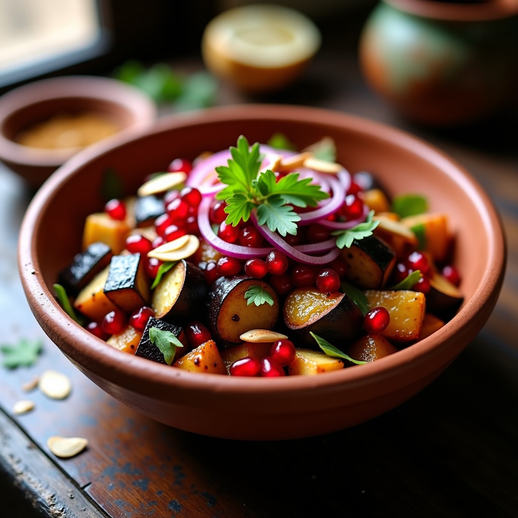 Ensalada moruna en bowl de barro con berenjenas asadas doradas, semillas de granada rojas brillantes, cebolla morada en juliana, almendras tostadas y perejil fresco, servida sobre fondo rústico de madera.