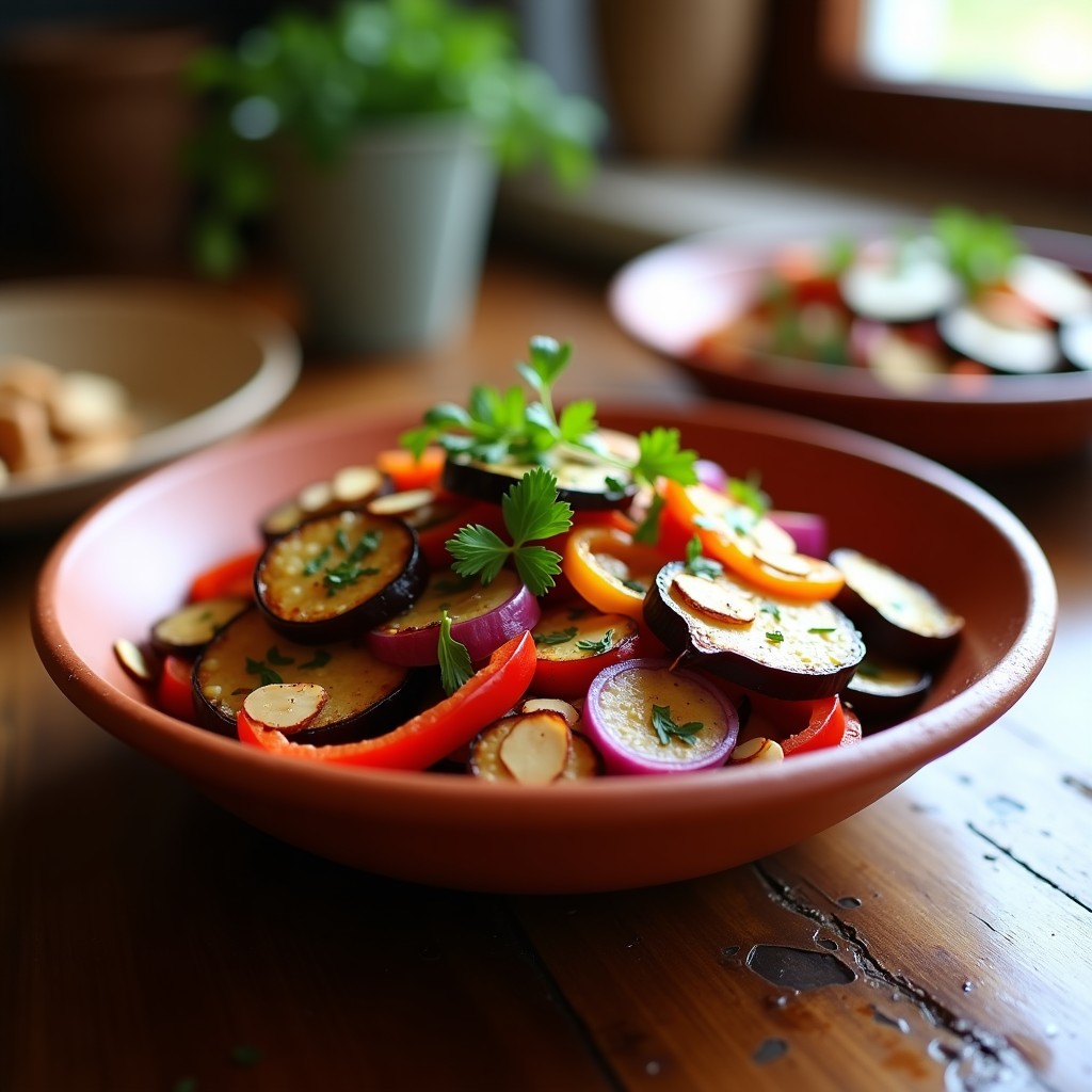 Ensalada moruna andaluza servida en fuente de barro con berenjena asada en rodajas, pimiento rojo y cebolla morada, bañada en vinagreta de miel y pimentón, decorada con almendras fileteadas y perejil fresco.