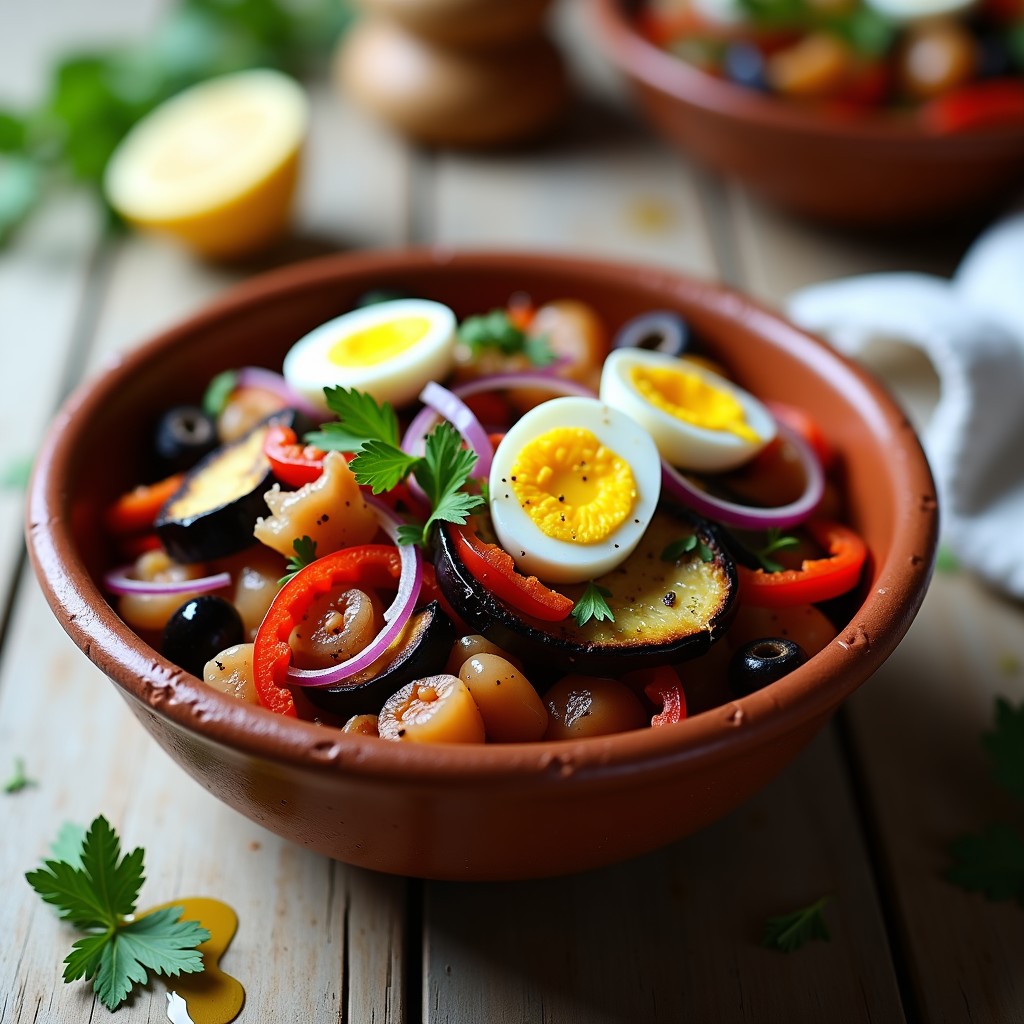 Ensalada moruna en bol de barro con berenjena asada dorada, pimientos rojos asados, huevo duro en cuartos, atún desmenuzado y aceitunas negras, decorada con perejil fresco.