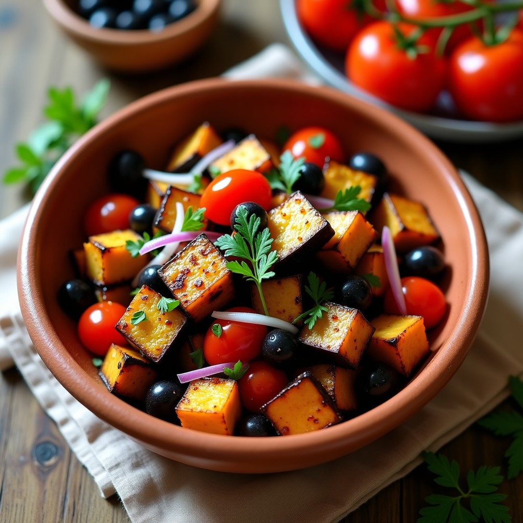 Ensalada moruna en bol de barro con berenjena asada dorada, tomate rojo, cebolla morada y aceitunas negras, bañada en aliño brillante de miel y vinagre, decorada con perejil fresco.