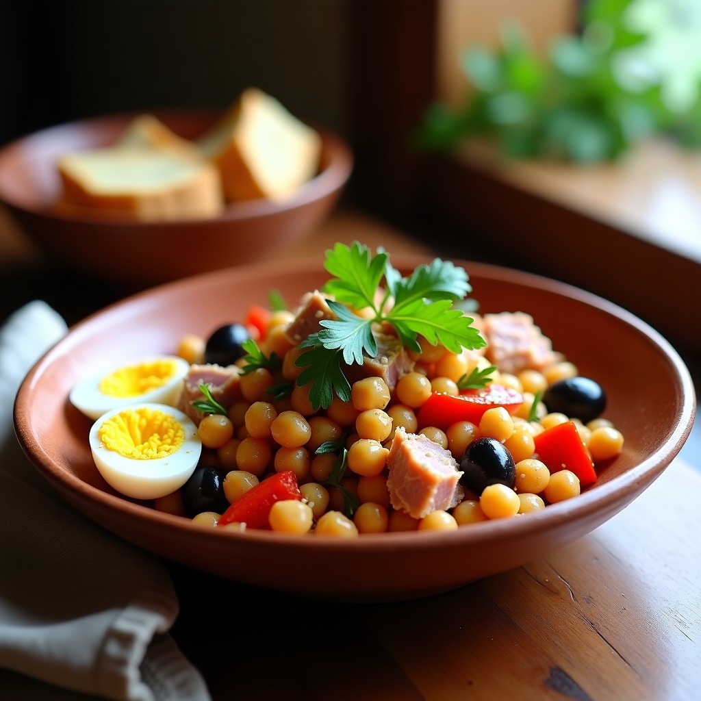 Ensalada moruna servida en un plato hondo de barro con garbanzos, atún ahumado desmenuzado, huevo duro, pimiento rojo asado y semillas de sésamo, aliñada con especias y perejil fresco.