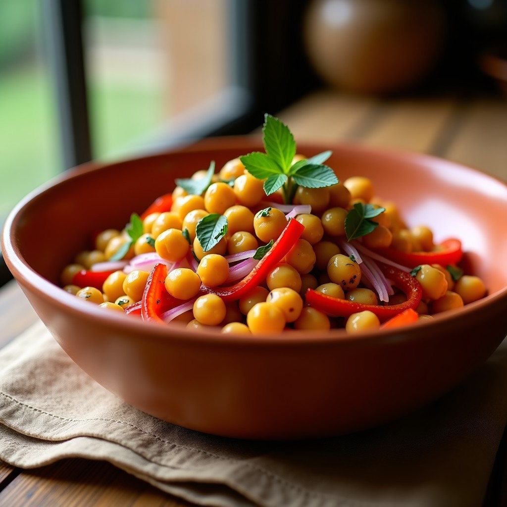 Ensalada moruna en bol de barro con garbanzos, pimiento asado, atún, huevo duro y perejil fresco, servida fría con aliño de comino y pimentón.