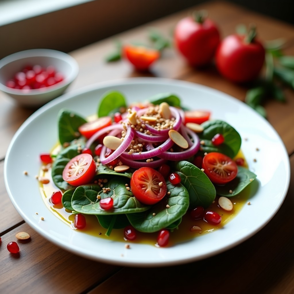 Ensalada moruna servida en plato blanco con espinacas frescas, semillas de granada rojas, cebolla morada en juliana, tomates cherry y almendras tostadas. Aliño brillante con especias visibles.