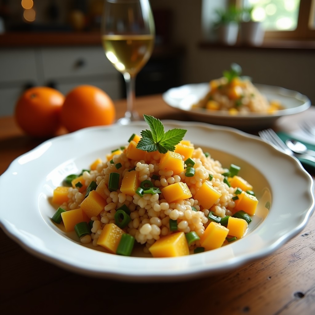 Ensalada moruna en bol de cerámica blanca con semillas de granada, gajos de naranja sanguina, pepino y hierbas frescas, decorada con semillas de sésamo.