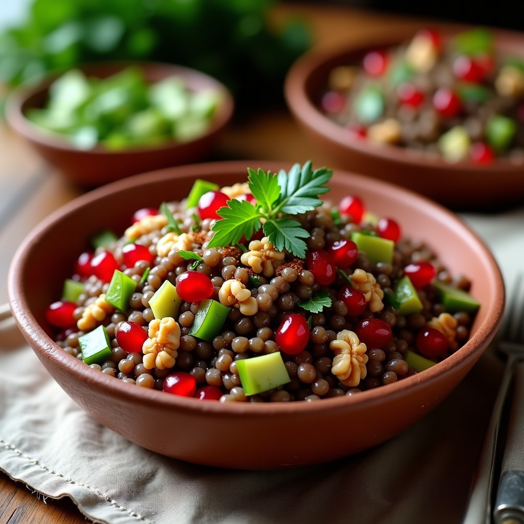 Ensalada moruna en bol de barro con lentejas, semillas de granada rojas, nueces doradas y perejil fresco, aliñada con especias y aceite de oliva.