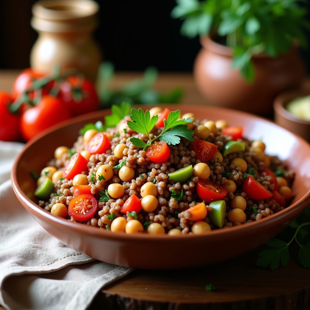 Ensalada moruna de legumbres y trigo en bol de barro, con garbanzos, lentejas, trigo partido, pimientos asados, cebolla morada y sésamo tostado, aliñada con comino y pimentón.