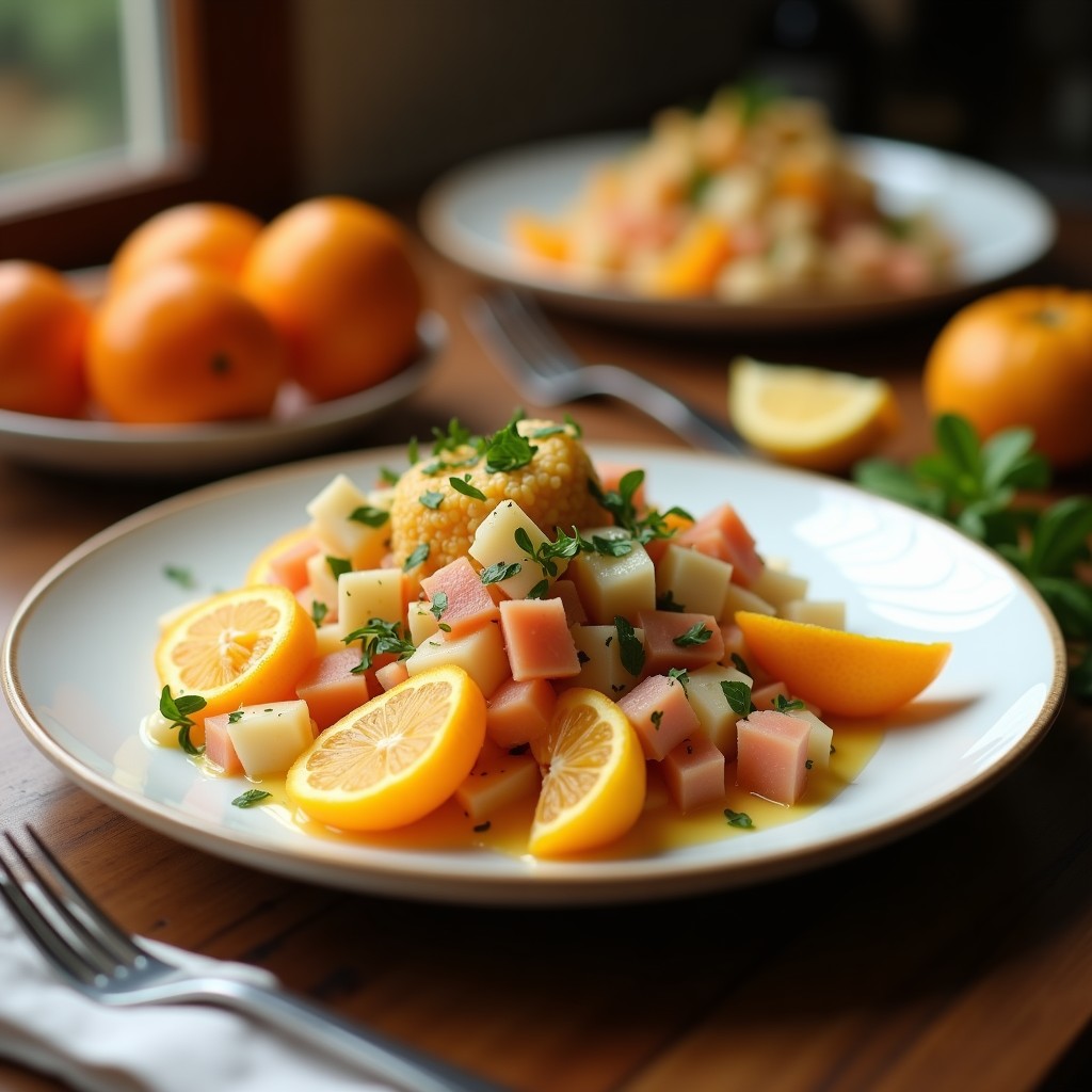 Ensalada moruna tradicional en plato de barro con trozos de bacalao desalado dorado, gajos de naranja fresca, aceitunas negras, cebolla morada y menta. Fondos de especias y aceite de oliva virgen extra.