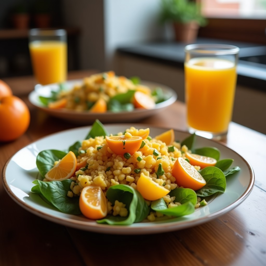 Ensalada moruna en bol de cerámica blanca con rodajas de naranjas sanguinas, aceitunas negras, cebolla morada y perejil fresco, espolvoreada con comino y pimentón picante.