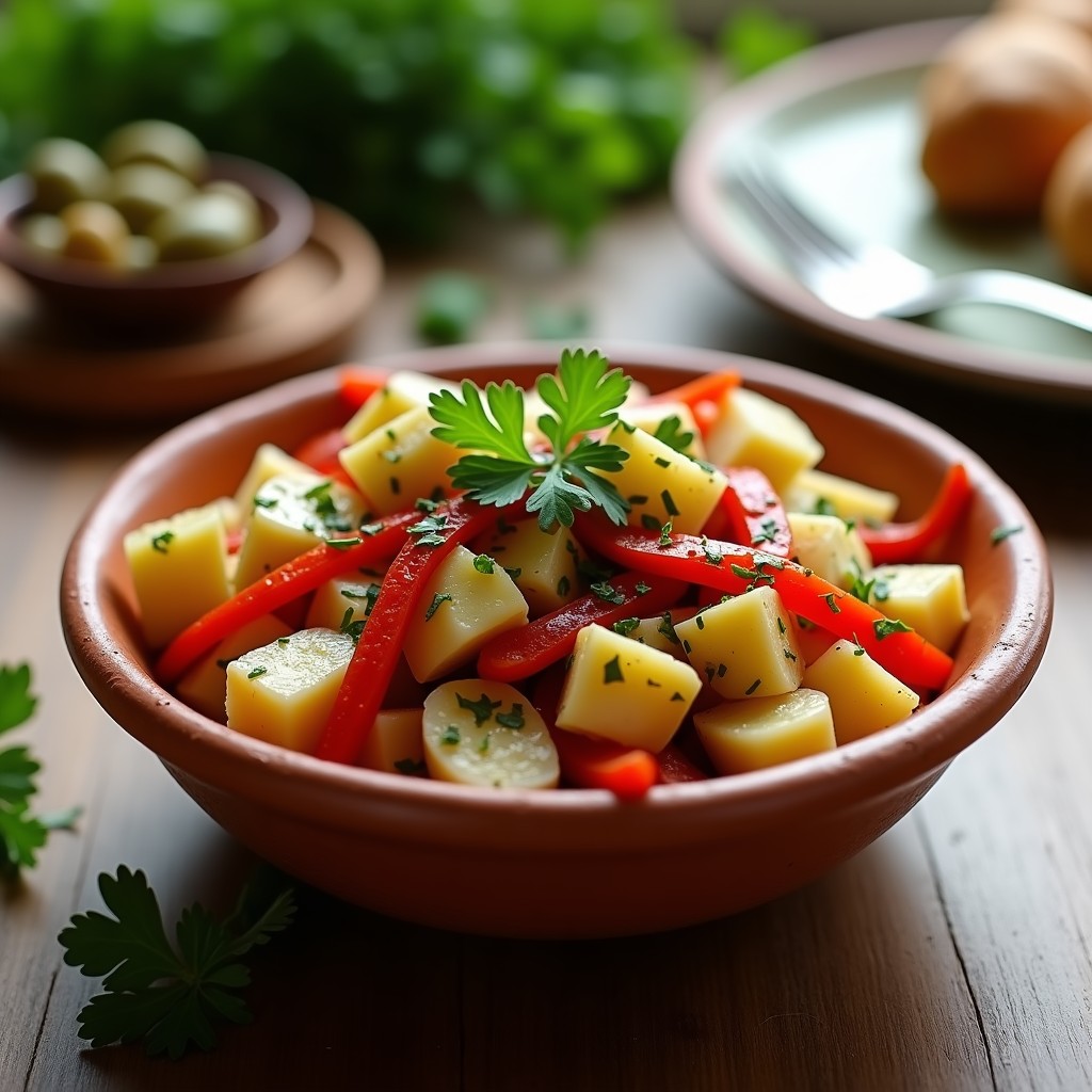 Ensalada moruna en bol de barro con pimiento asado, atún desmenuzado, huevo duro, patatas y aceitunas, aliñada con perejil fresco.