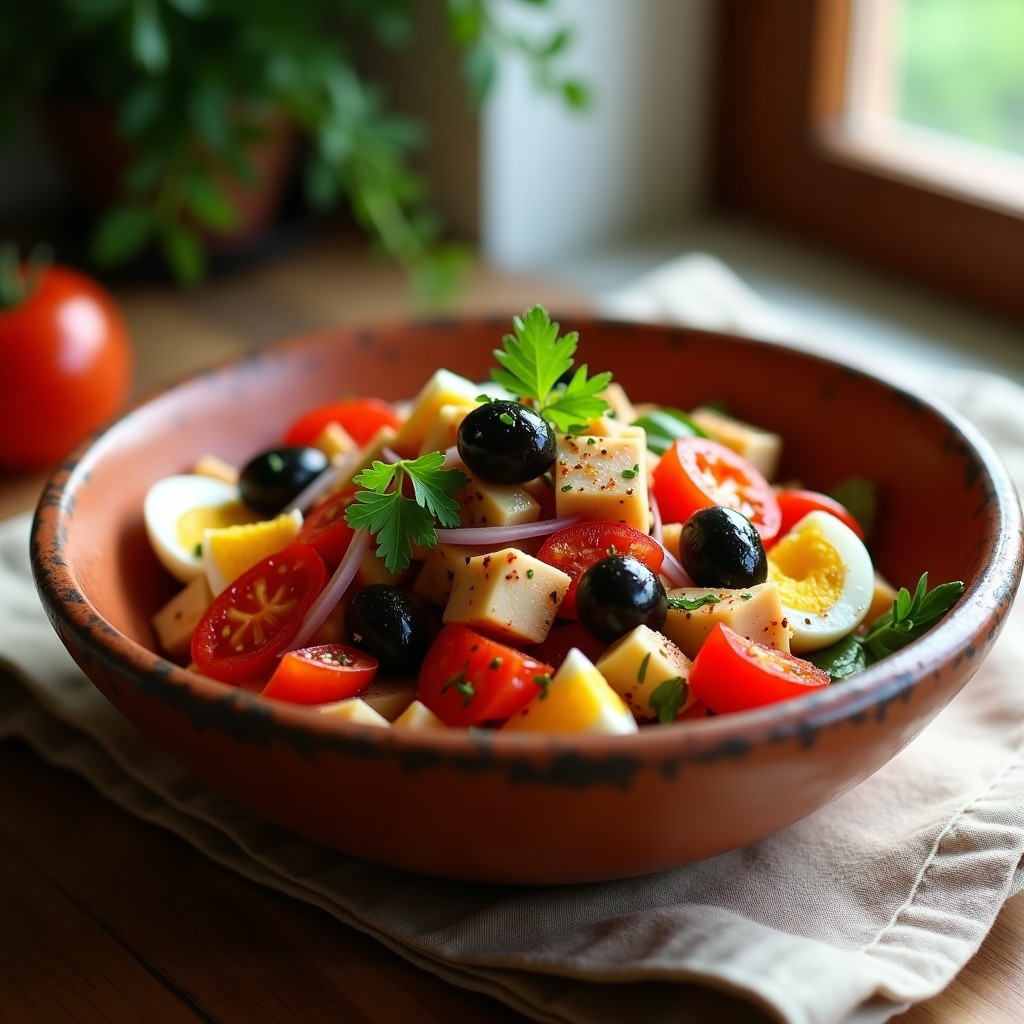 Ensalada moruna en bol de barro con pimientos asados rojos y verdes, atún en trozos, huevo duro, aceitunas y cebolla morada, aliñada con comino y perejil.