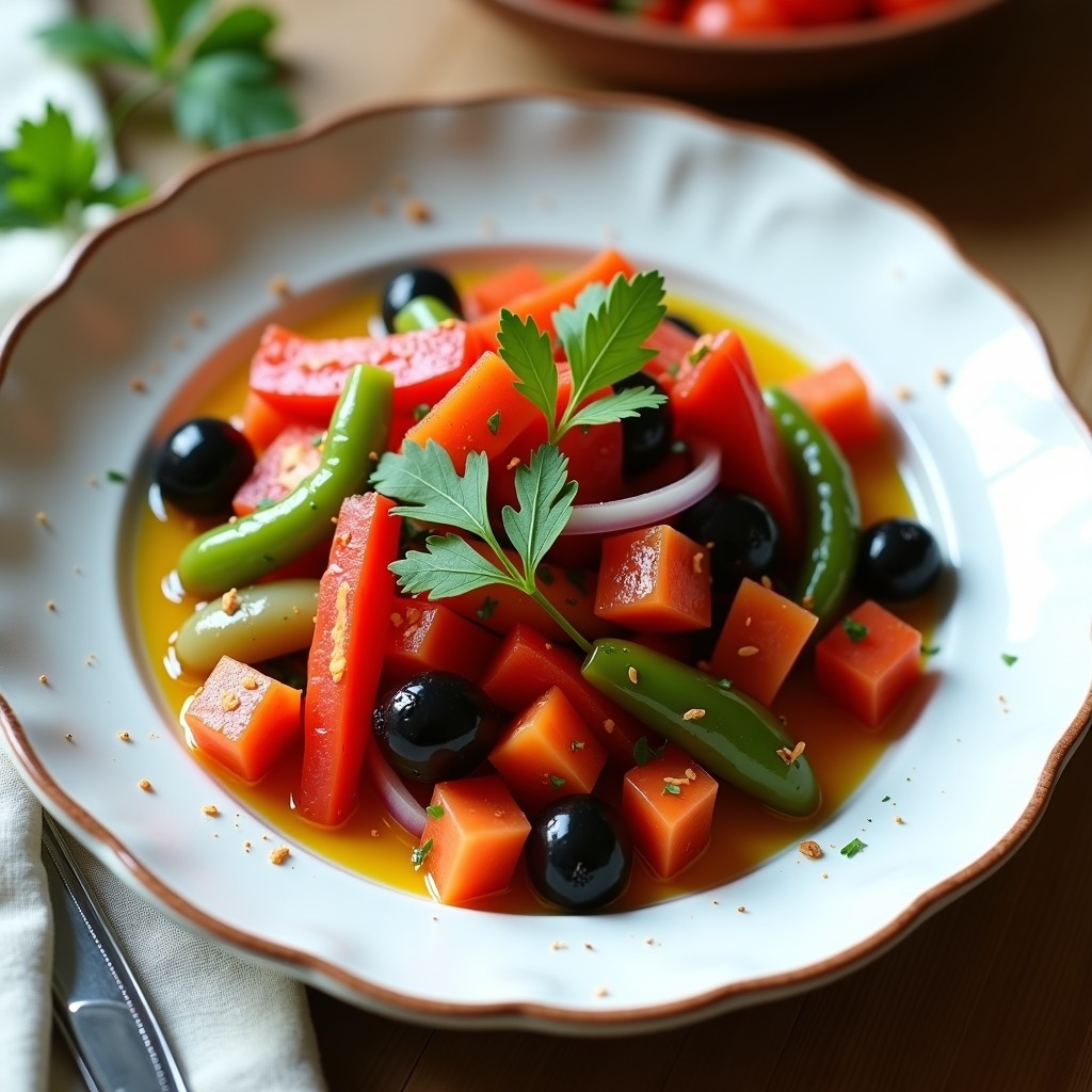 Ensalada moruna en un plato de barro blanco, con pimientos asados en tiras, tomate en cubos, cebolla morada, aceitunas y perejil fresco, aliñada con azafrán y aceite de oliva.