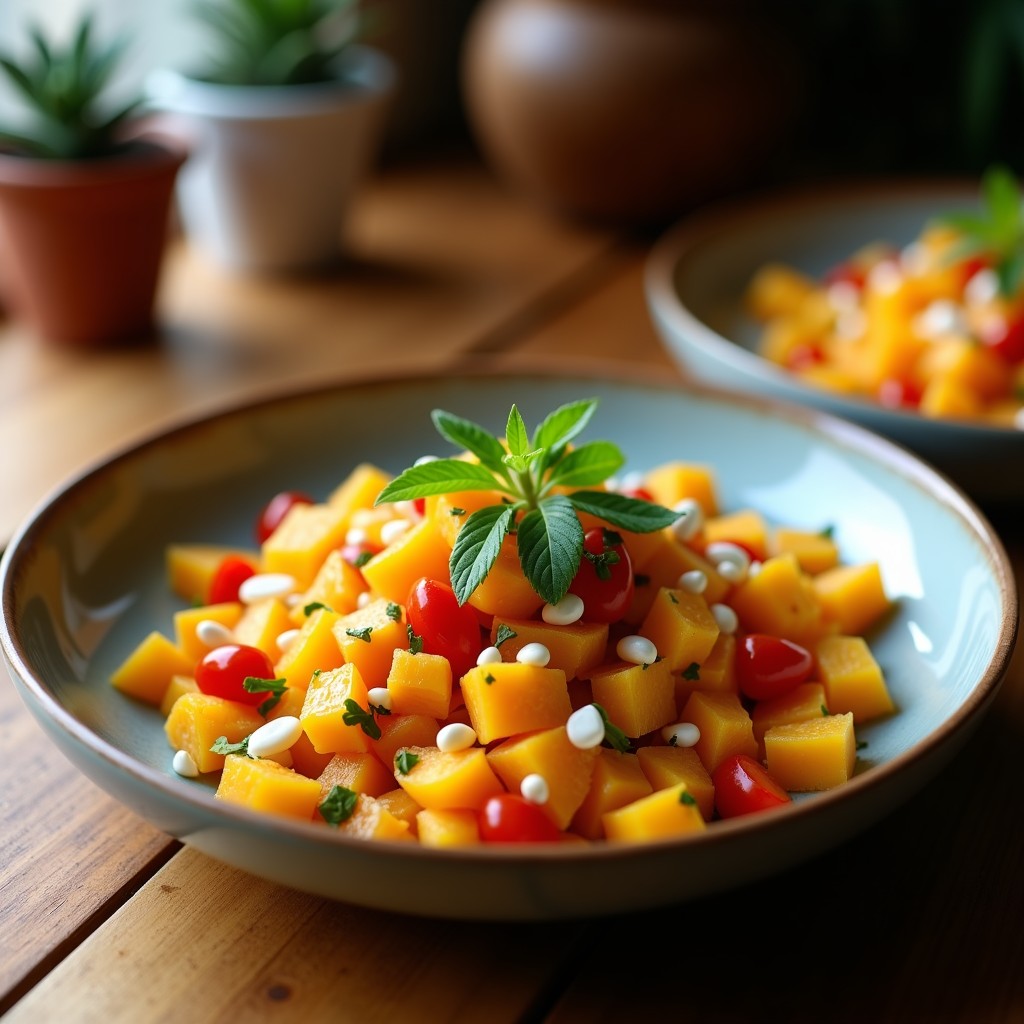 Ensalada moruna en plato blanco con remolacha en cubos, gajos de naranja sanguina, cebolla morada, aceitunas negras y almendras tostadas, decorada con hojas de menta y espolvoreada con pimentón ahumado.
