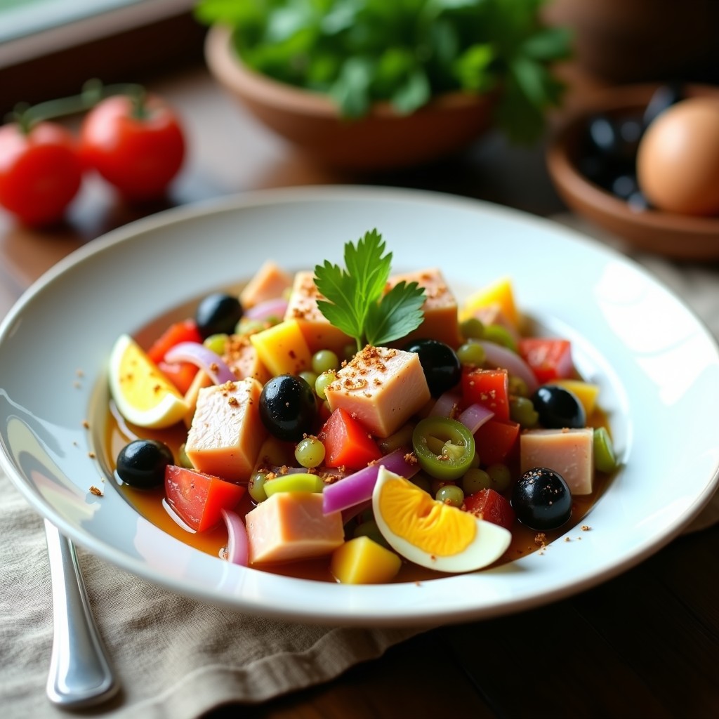 Ensalada moruna de ventresca de atún servida en plato blanco hondo, con huevo duro picado, cebolla morada, pimiento verde, aceitunas y aliño dorado de vinagre de Jerez y pimentón.