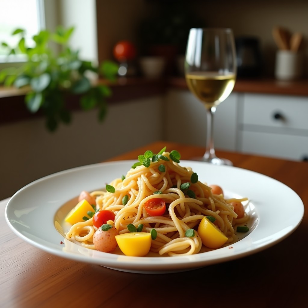Ensalada colorida en plato blanco con gajos de naranja sanguina, trozos de ventresca de atún, cebolla morada, pimiento asado y aceitunas, decorada con hojas de menta y semillas de sésamo, receta moruno-andaluza.
