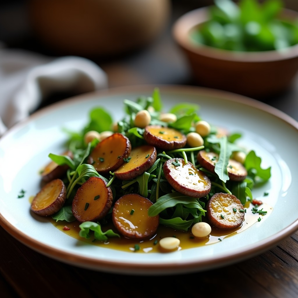 Ensalada gourmet de ñisos y morillas salteadas con rúcula, almendras fileteadas y aliño de trufa negra en plato blanco rústico, decorada con cebollino fresco.
