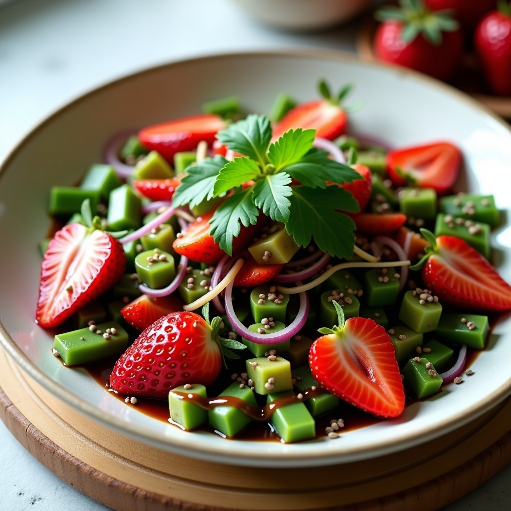 Ensalada fresca de nopales en cubos verdes con rodajas de fresas rojas, cebolla morada en juliana y semillas de chía, bañada en vinagreta de vinagre balsámico, servida en un plato blanco rústico con cilantro fresco. Receta mexicana sin gluten.