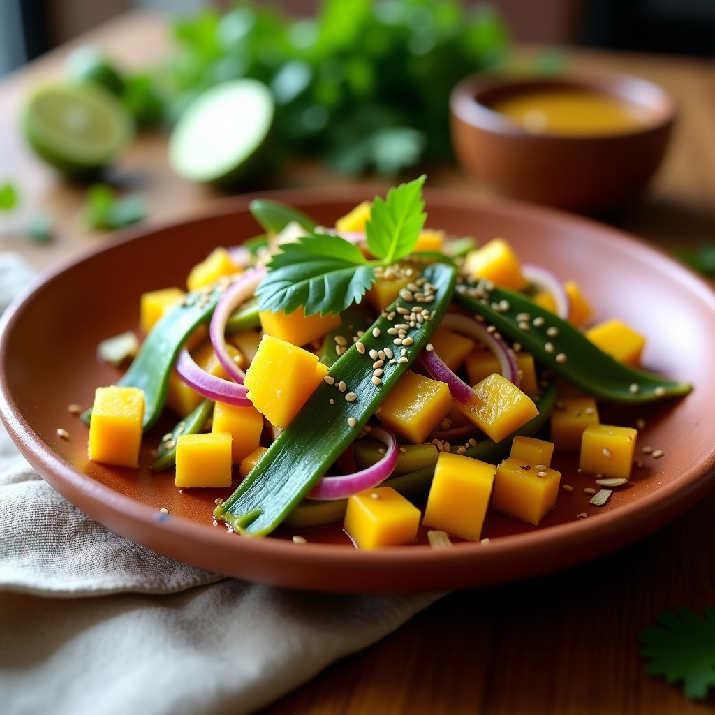 Ensalada vibrante de nopales asados en cubos dorados, mango maduro en trozos jugosos, cebolla morada en juliana y cilantro fresco, bañada en una vinagreta brillante de tamarindo y chile habanero. Decorada con semillas de sésamo tostadas sobre un plato rústico de barro con fondo de hojas verdes.