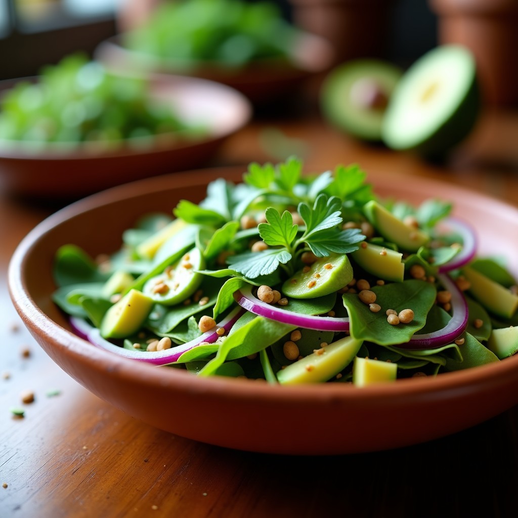Ensalada fresca de nopales en tiras verdes, tomatillos en cuartos, cebolla morada, aguacate en cubos y semillas de sésamo, servida en un plato de barro rústico con aderezo de lima y cilantro, receta mexicana vegana alta en fibra.