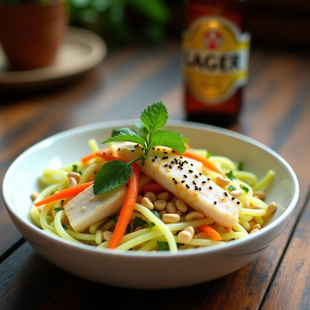 Ensalada colorida en plato hondo de cerámica blanca: juliana de papaya verde crujiente, trozos de bacalao desmenuzado dorado, zanahoria naranja, cacahuetes tostados y semillas de sésamo negro, acompañada de vinagreta brillante y hojas de cilantro y menta fresca. Receta de ensalada de papaya verde y bacalao a la lager.