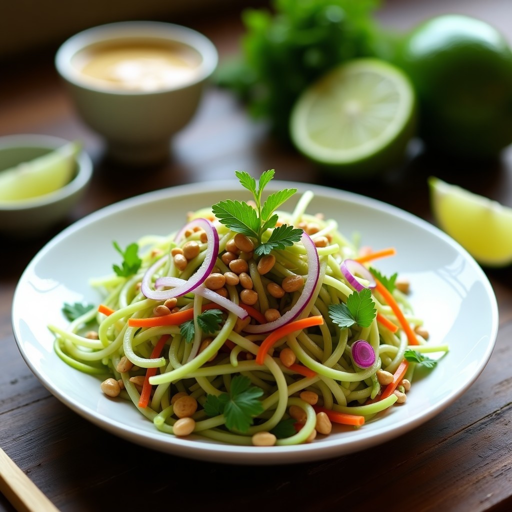 Ensalada vietnamita detox en bol blanco con papaya verde en juliana, germinados de rábano y alfalfa, zanahoria morada y cebolla morada. Aderezo de lima y cilantro con semillas de sésamo y cacahuetes triturados por encima. Fondo rústico con hierbas frescas.