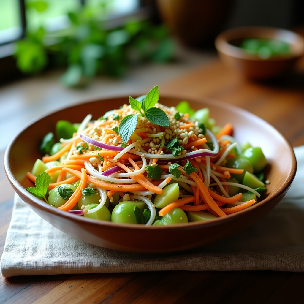 Ensalada tailandesa crudivegana con papaya verde rallada, germinados de alfalfa y rábano, zanahoria juliana y cebolla morada, bañada en vinagreta de tamarindo. Decorada con semillas de sésamo, cacahuetes picados, menta y cilantro fresco. Plato colorido y refrescante sobre fondo rústico.