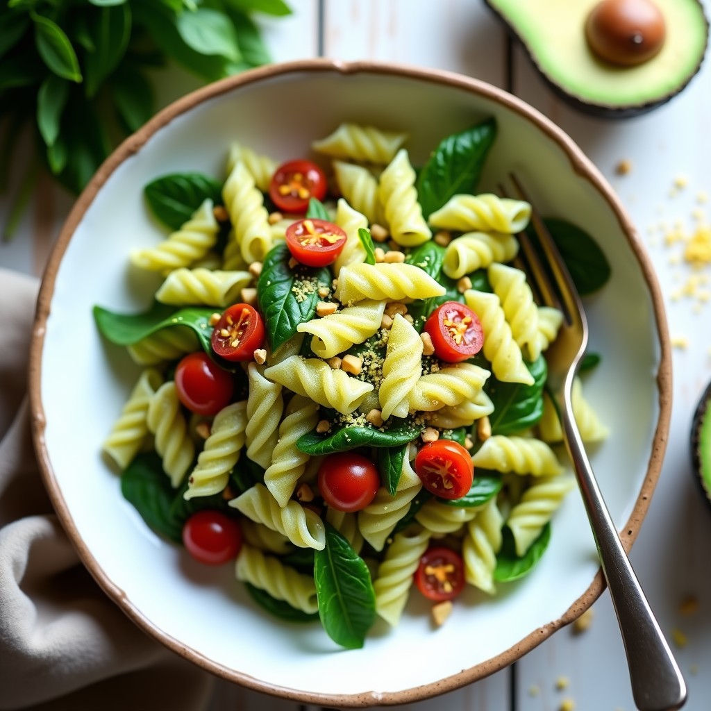 Ensalada de pasta con pesto cremoso de aguacate y tomates secos, receta vegana saludable y fácil de preparar