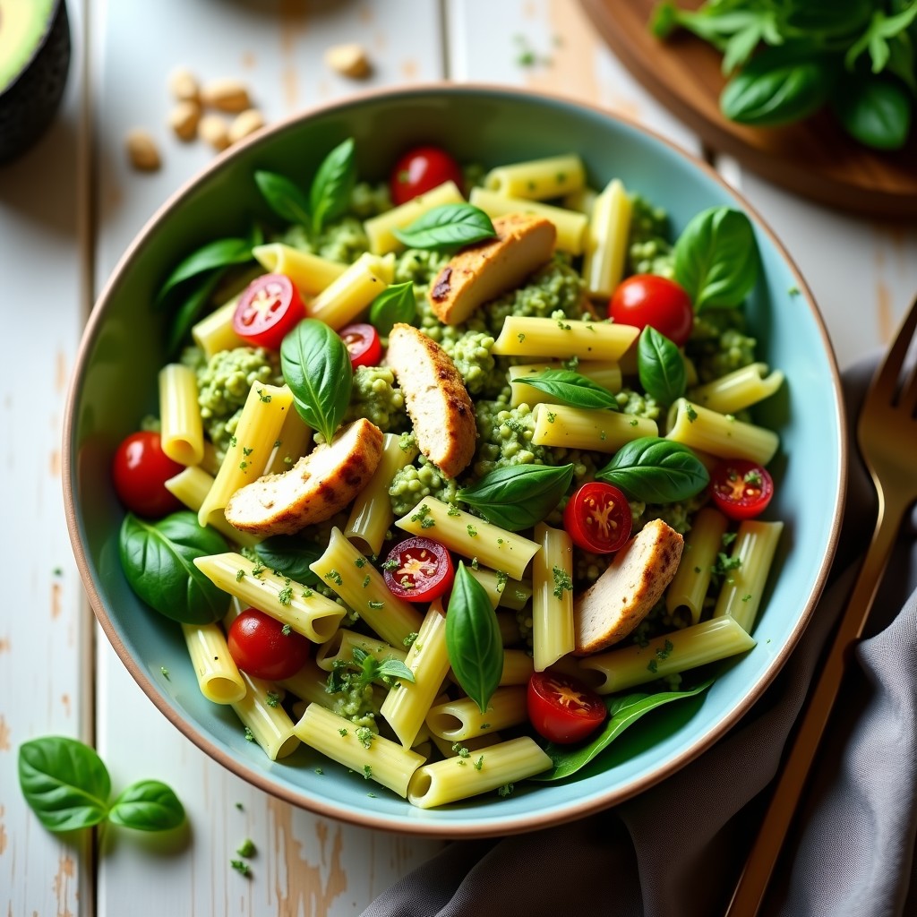 Ensalada de pasta con pollo y pesto cremoso de aguacate en un tupper, lista para llevar