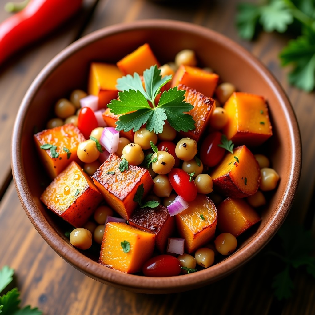Ensalada colorida en bol de cerámica con cubos de patata y boniato ahumado, garbanzos tostados, cebolla morada y pimiento rojo, aliñada y decorada con perejil fresco.
