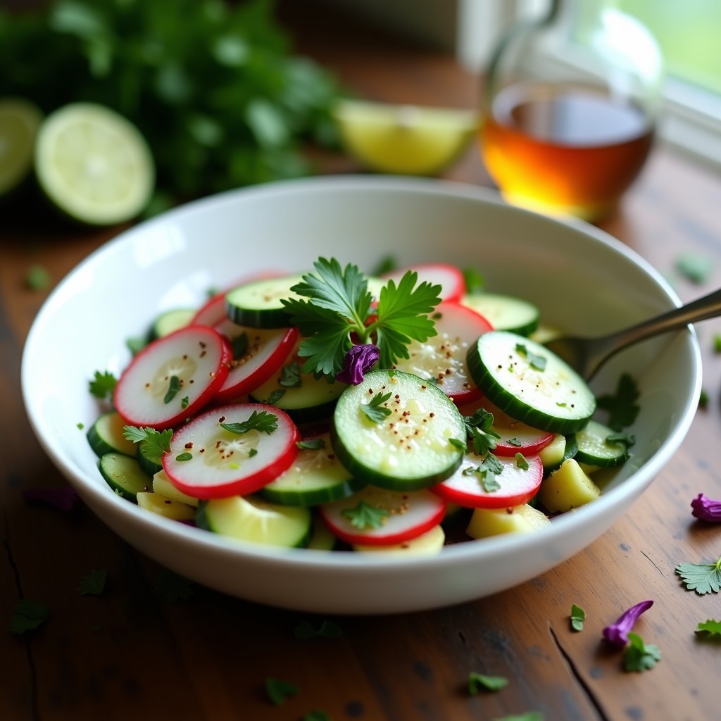 Ensalada fresca mexicana en bowl de cerámica blanca con pepino en juliana, rábanos rojos en rodajas, flor de jamaica morada y cilantro verde. Aderezo brillante de limón y chile serrano. Plato detox sin calorías sobre fondo de madera rústica.