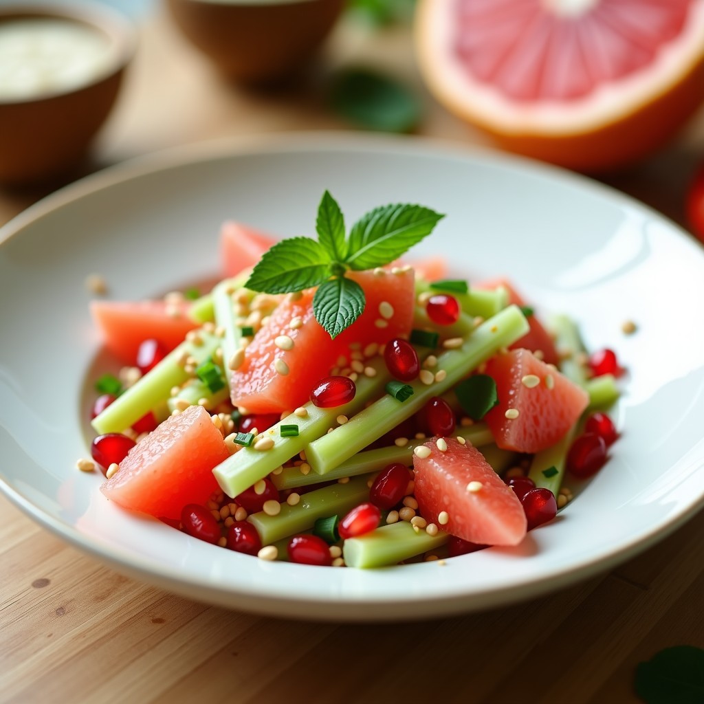 Ensalada china detox en bol de cerámica blanca con gajos de pomelo rosa, rodajas de apio crujiente, granos de granada rojos brillantes y semillas de sésamo tostadas. Vinagreta de sésamo y jengibre baña los ingredientes, decorada con hojas de menta y cebollino. Plato fresco, colorido y lleno de contrastes.