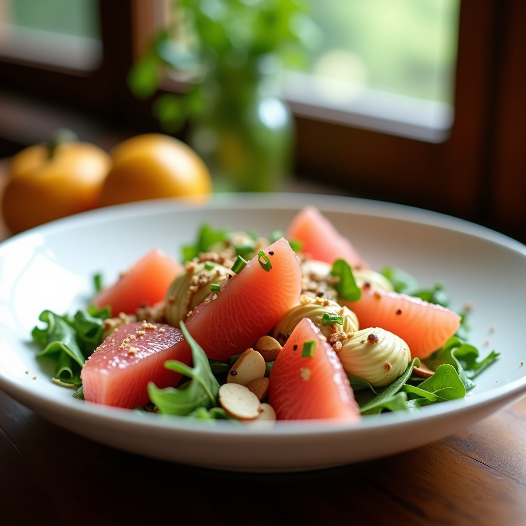 Ensalada italiana ultrafresca con láminas de corazón de alcachofa, gajos de pomelo rosa y almendras tostadas, bañada en aliño de mosto reducido, servida sobre rúcula bebé con un toque de cebollino fresco.