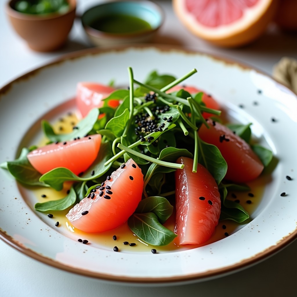 Ensalada fresca de pomelo rosa y rúcula en plato blanco, con gajos de pomelo rosado, hojas de rúcula verde intenso, semillas de sésamo negro tostado y almendras fileteadas. Aderezada con vinagreta dorada de sésamo y jengibre, decorada con hojas de menta y pimienta rosa.
