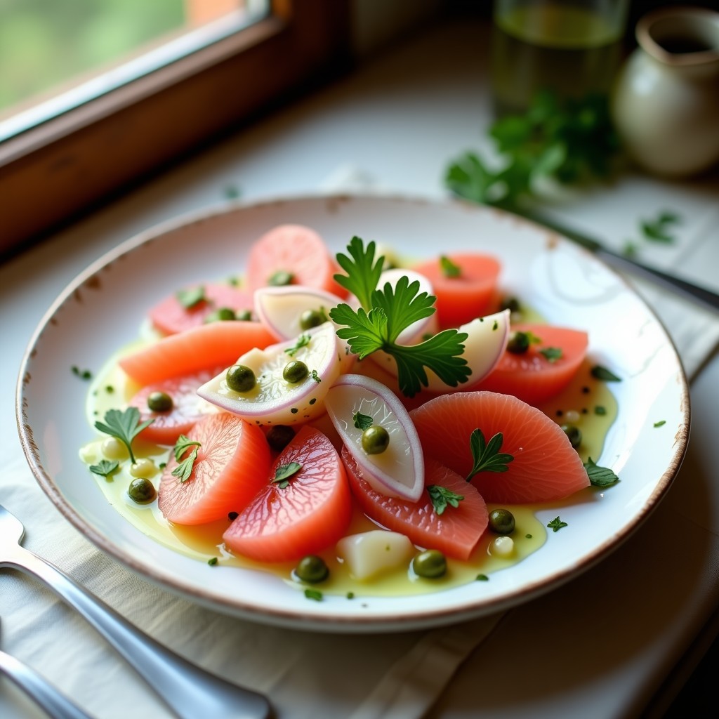 Ensalada fresca de pomelo rosa y ventresca de atún en aceite sobre una fuente blanca, con vinagreta de salsa verde espolvoreada, decorada con perejil y alcaparras. Plato colorido y apetecible, típico de la cocina portuguesa.
