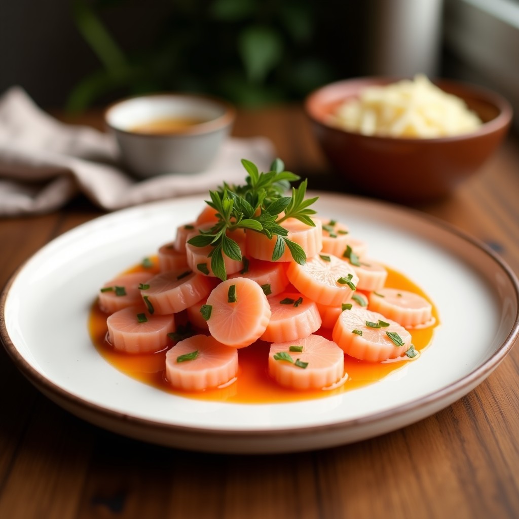 Ensalada fresca de pomelo rosa en trozos jugosos, ventresca de atún desmenuzada y canónigos, con vinagreta de wasabi y semillas de sésamo negro. Plato blanco sobre fondo rústico, receta alta en omega-3.
