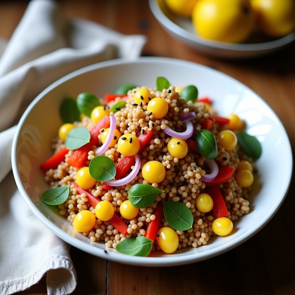 Ensalada colorida de kiwicha y cañihua con pulpa de granadilla, pimiento rojo asado y semillas de sésamo, servida en un plato hondo de cerámica blanca con aderezo de limón y hierbabuena fresca, receta peruana vegana.