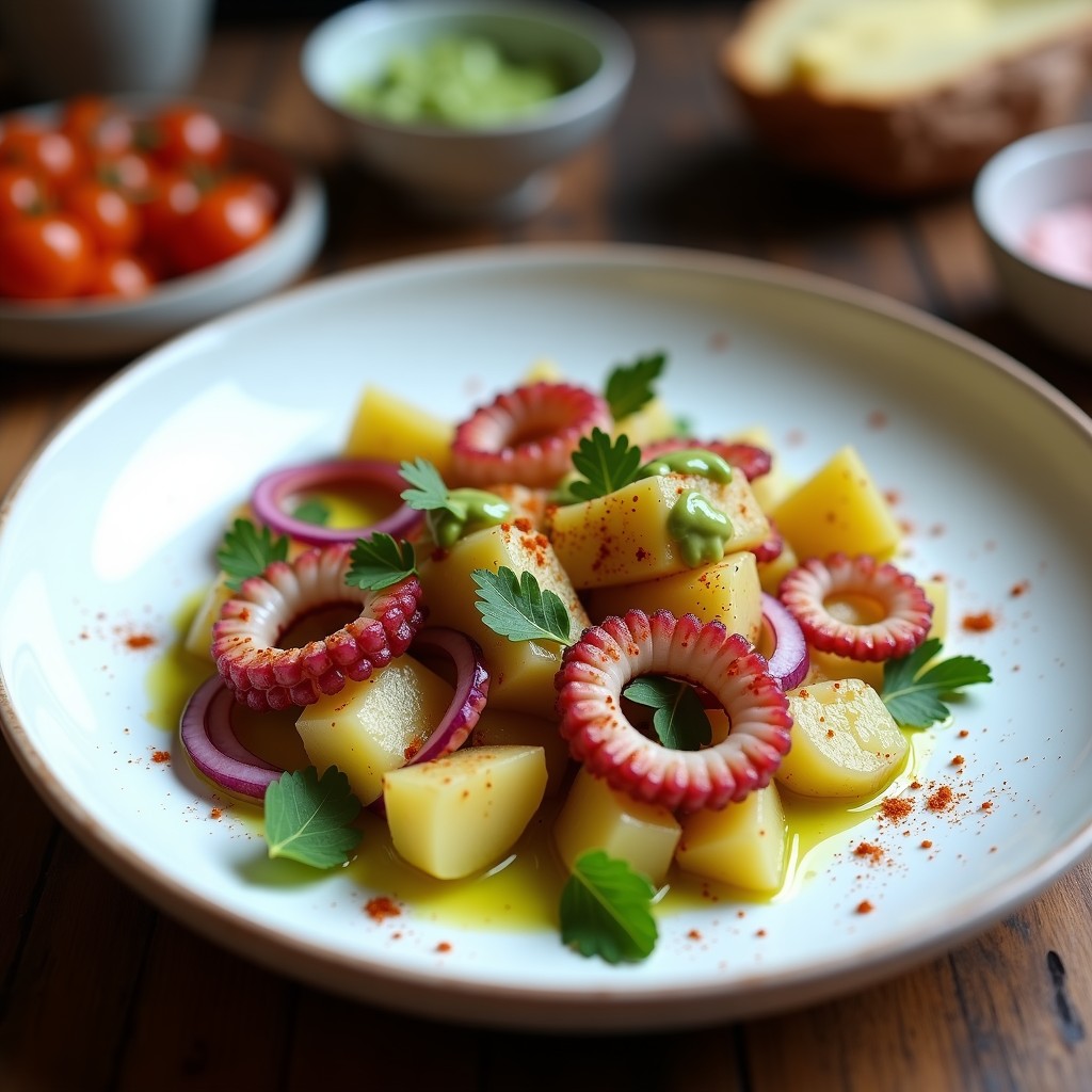 Plato rústico de ensalada de pulpo y patata canaria ahumada con mojo verde, cebolla morada y pimentón espolvoreado, receta tradicional canaria.