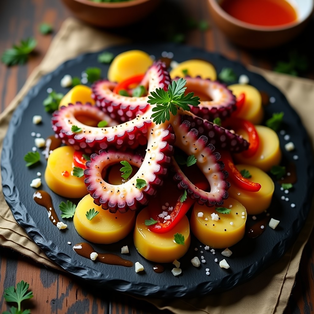 Ensalada templada de pulpo y patata con pimentón y aceite de oliva virgen extra, lista para servir