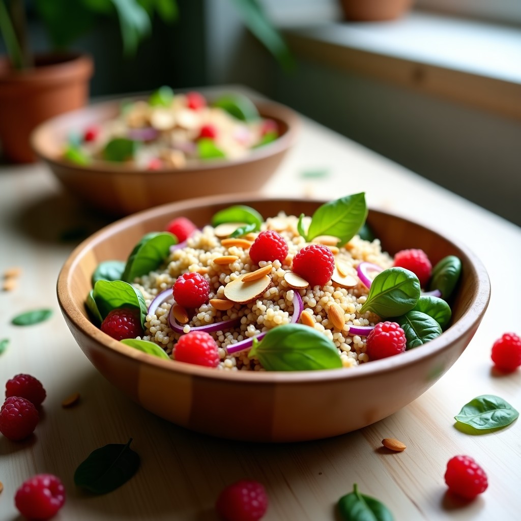 Ensalada colorida en bol de madera con quinoa, espinacas frescas, fresas en cuartos, almendras tostadas y vinagreta de frambuesa y albahaca, lista para servir.