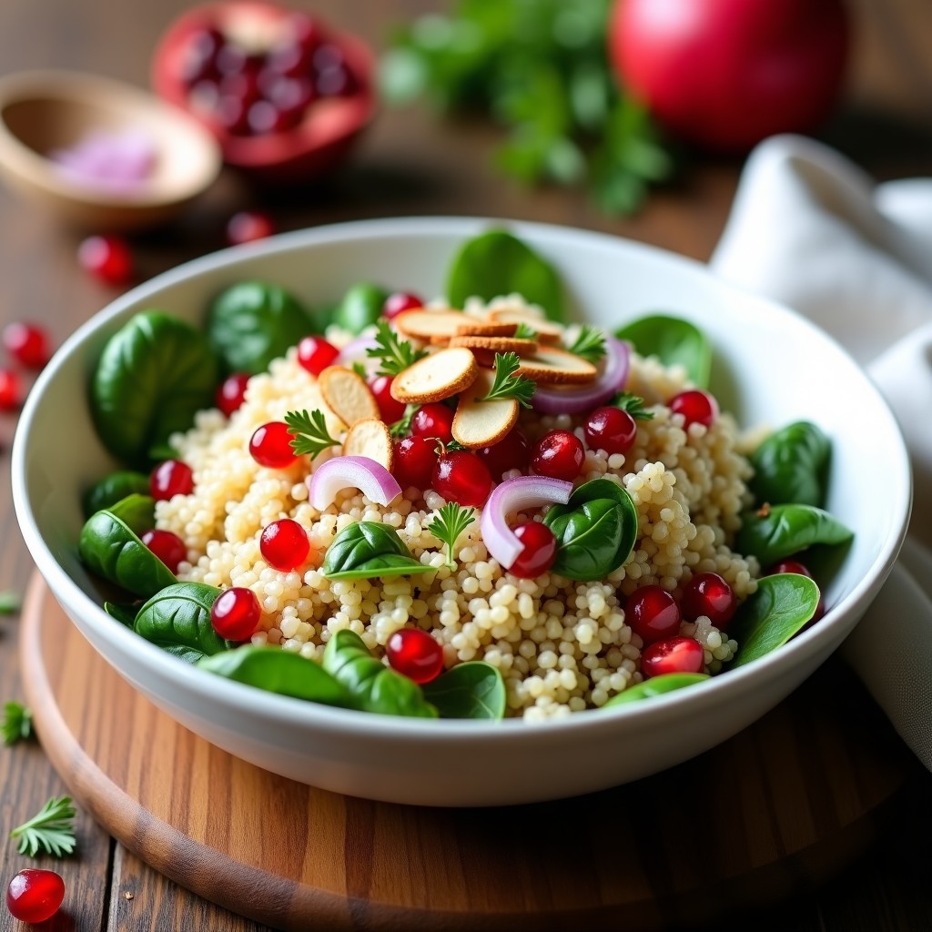 Ensalada persa colorida en bol blanco con quinoa, semillas de granada rojas, espinacas verdes, almendras doradas y perejil fresco, aliñada con comino y sésamo.