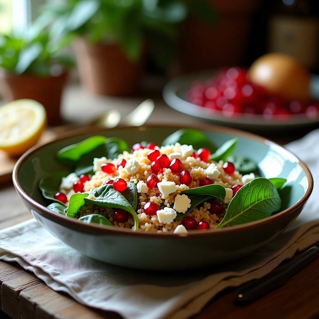 Ensalada fresca de quinoa, granada y espinacas en un bol blanco, con aderezo de limón y almendras fileteadas, receta alta en hierro y omega-3.