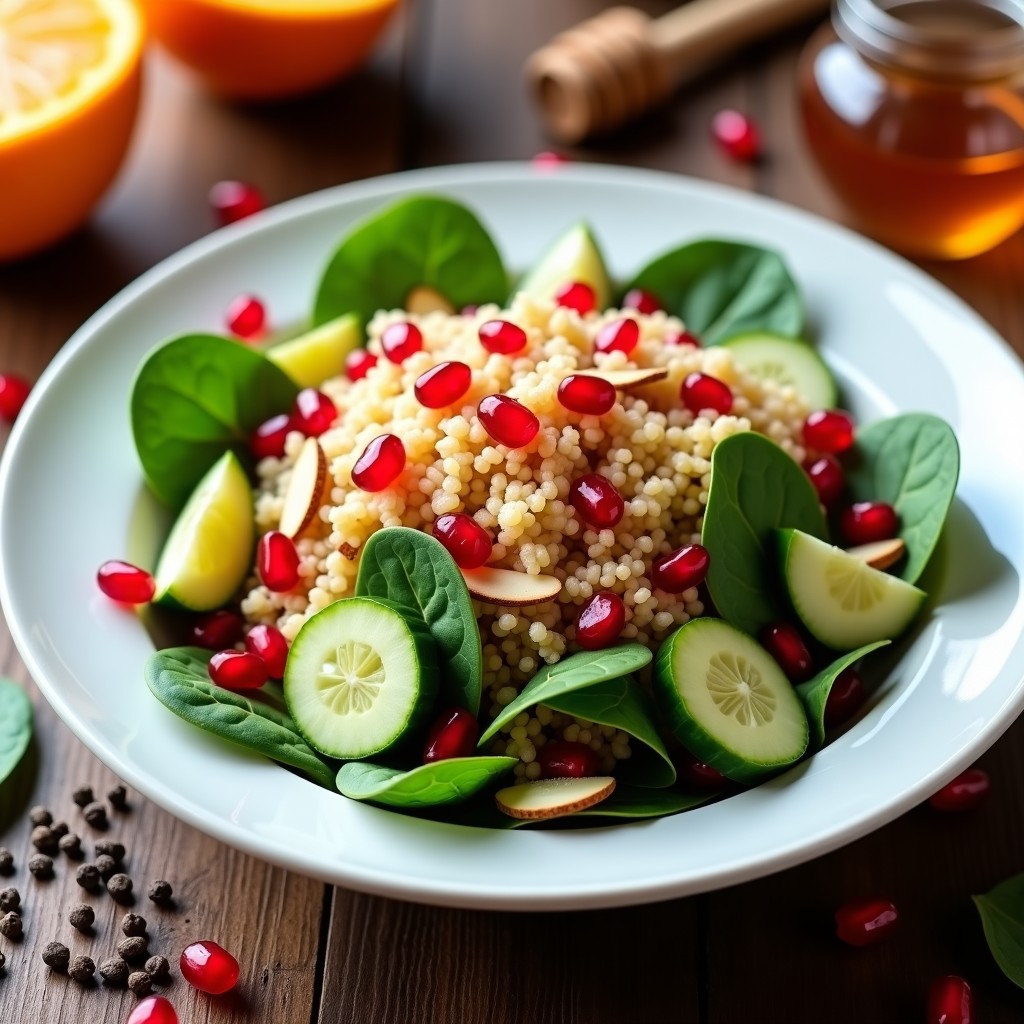 Bowl blanco con ensalada de quinoa esponjosa, semillas de granada rojas brillantes, espinacas frescas, pepino en cubos y almendras fileteadas doradas, bañada con vinagreta de naranja y miel.