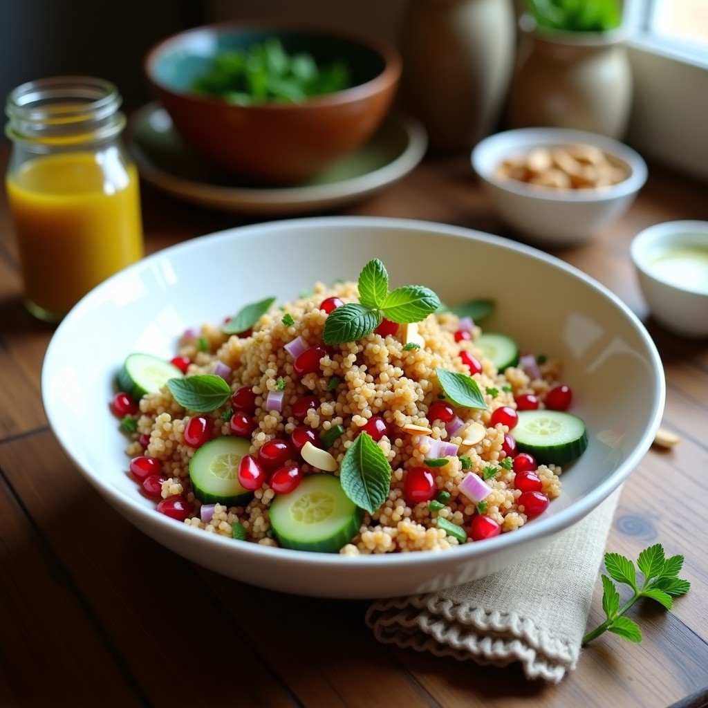 Ensalada fresca de quinoa, semillas de granada rojas vibrantes, pepino verde y cebolla morada en un bol blanco, decorada con almendras tostadas y hojas de menta. Vinagreta de zaatar al lado.