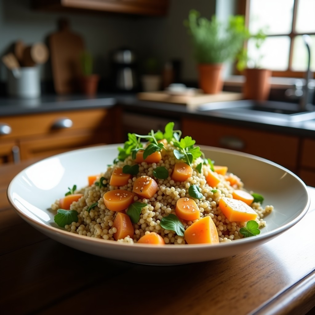 Ensalada de quinoa y remolacha asada con aliño de naranja y tahini, lista para servir en un plato de cerámica