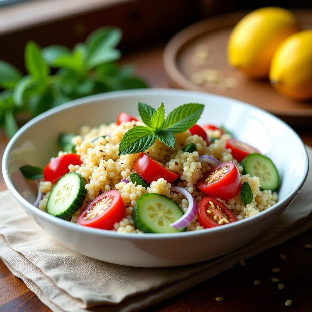 Ensalada fresca peruana de quintua cocida, pepino en cubos, tomate rojo, cebolla morada y hierbabuena, bañada en aderezo de limón y aceite de oliva, con semillas de sésamo tostado espolvoreadas. Plato colorido y vibrante sobre fondo rústico de madera.