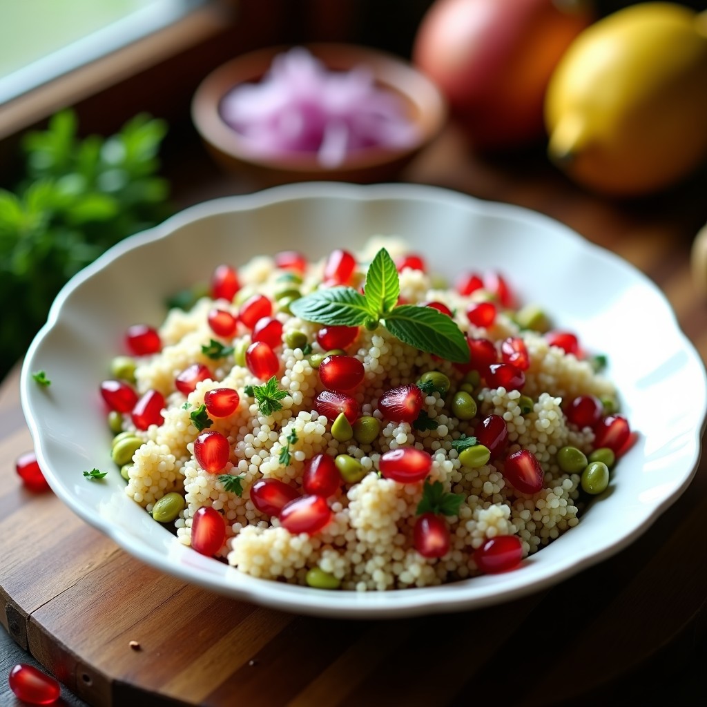 Ensalada persa de quinua tostada con granos de granada rojos brillantes, pistachos verdes en láminas y hierbas frescas, servida en un bol de cerámica blanca con vinagreta dorada de azafrán.