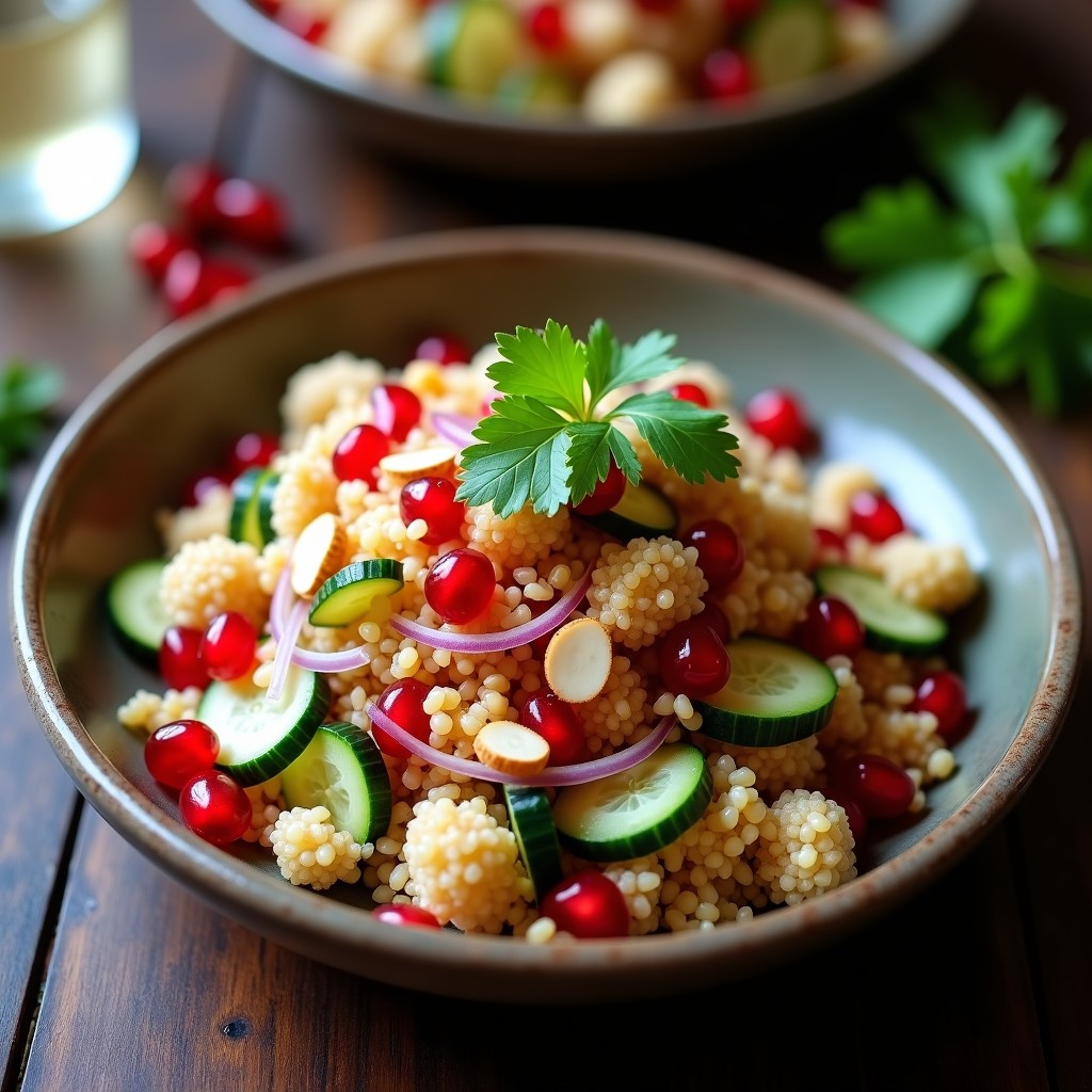 Ensalada colorida en bol de cerámica blanca con quinua esponjosa, granos de granada rojos vibrantes, tiras de pimiento amarillo asado y cebolla morada. Bañada con una vinagreta dorada de tamarillo y decorada con semillas de sésamo y hojas de cilantro fresco. Plato saludable, sin gluten y alta en proteína, típico de la cocina peruana.