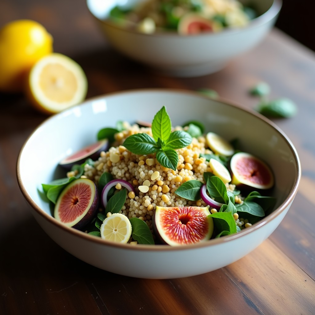 Ensalada colorida en un plato hondo blanco con quinua esponjosa, higos frescos en cuartos, queso de cabra desmenuzado, cebolla morada en juliana, pistachos tostados y menta fresca. Aderezo brillante de limón y miel sobre la mezcla, servida en un estilo rústico y natural bajo luz suave.
