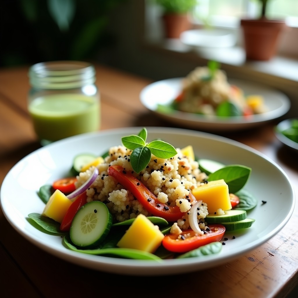 Ensalada exótica vegana de quinua y mangostán con aderezo de lima y cilantro, servida en un bol de cerámica blanca sobre fondo de madera rústica. Destacan los colores vibrantes del mangostán morado, la quinua blanca, el verde del cilantro y las semillas de sésamo negro espolvoreadas.