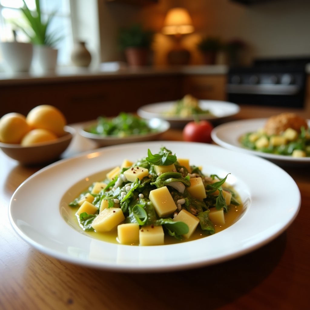 Ensalada fresca de rabanitos en rodajas finas, manzana verde en juliana y rúcula, con almendras fileteadas y vinagreta dorada de miel y mostaza. Plato blanco rústico sobre fondo de madera clara.