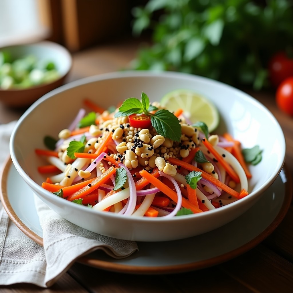Ensalada tailandesa crujiente y fresca en bol de cerámica blanca, con julianas de rábano daikon y zanahoria morada, cacahuetes tostados, semillas de sésamo negro y hojas de cilantro, bañada en vinagreta dorada. Plato colorido y vibrante sobre fondo de madera rústica.